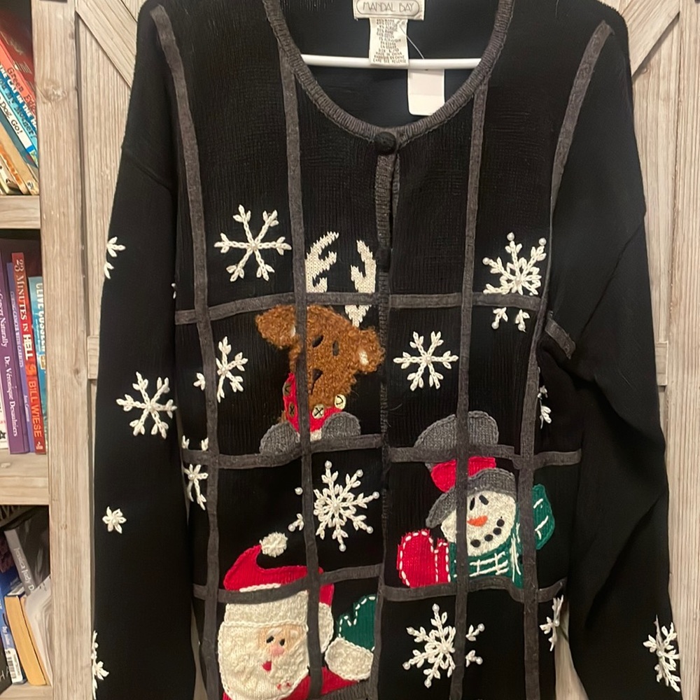 Super cute, ugly Christmas sweater - hand knit. Santa, moose, snowman cardigan